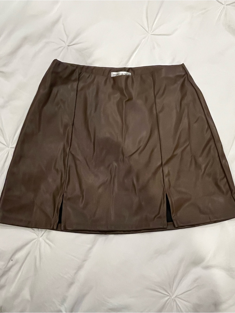 Brown Faux Leather Mini Skirt with Front Slits